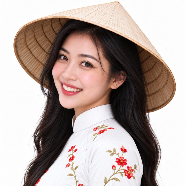 Portrait illustré de Mai, en áo dài et chapeau conique